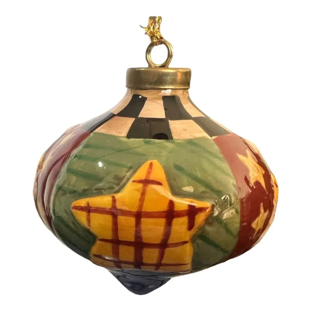 Santa Clouse Ornament Teardrop Ceramic, Porcelain Star Patchwork Rustic Country - Picture 3 of 7